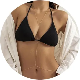 14K Gold Sexy Body Chains for Women, Layered Rhinestone Crossover Bikini Bra Body Jewelry, Summer Beach Crystal Belly Waist Chain