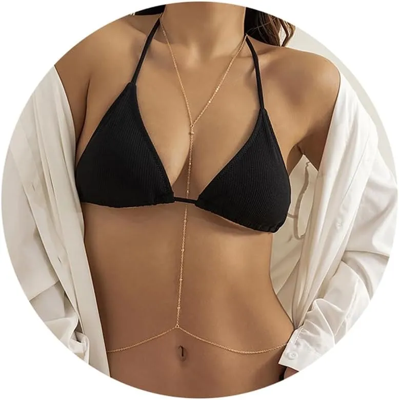 14K Gold Sexy Body Chains for Women, Layered Rhinestone Crossover Bikini Bra Body Jewelry, Summer Beach Crystal Belly Waist Chain