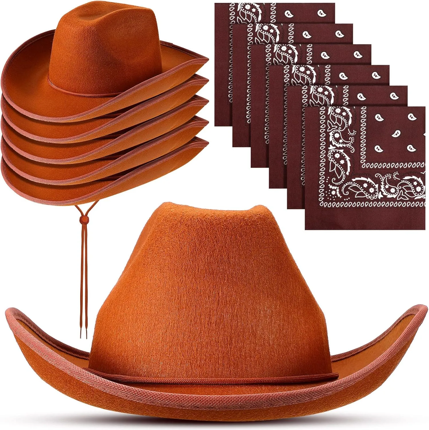 6 Sets Adult Cowboy Hat for Women and Men Western Cowgirl Hats with Adjustable Drawstring and Cowboy Party Paisley Bandana