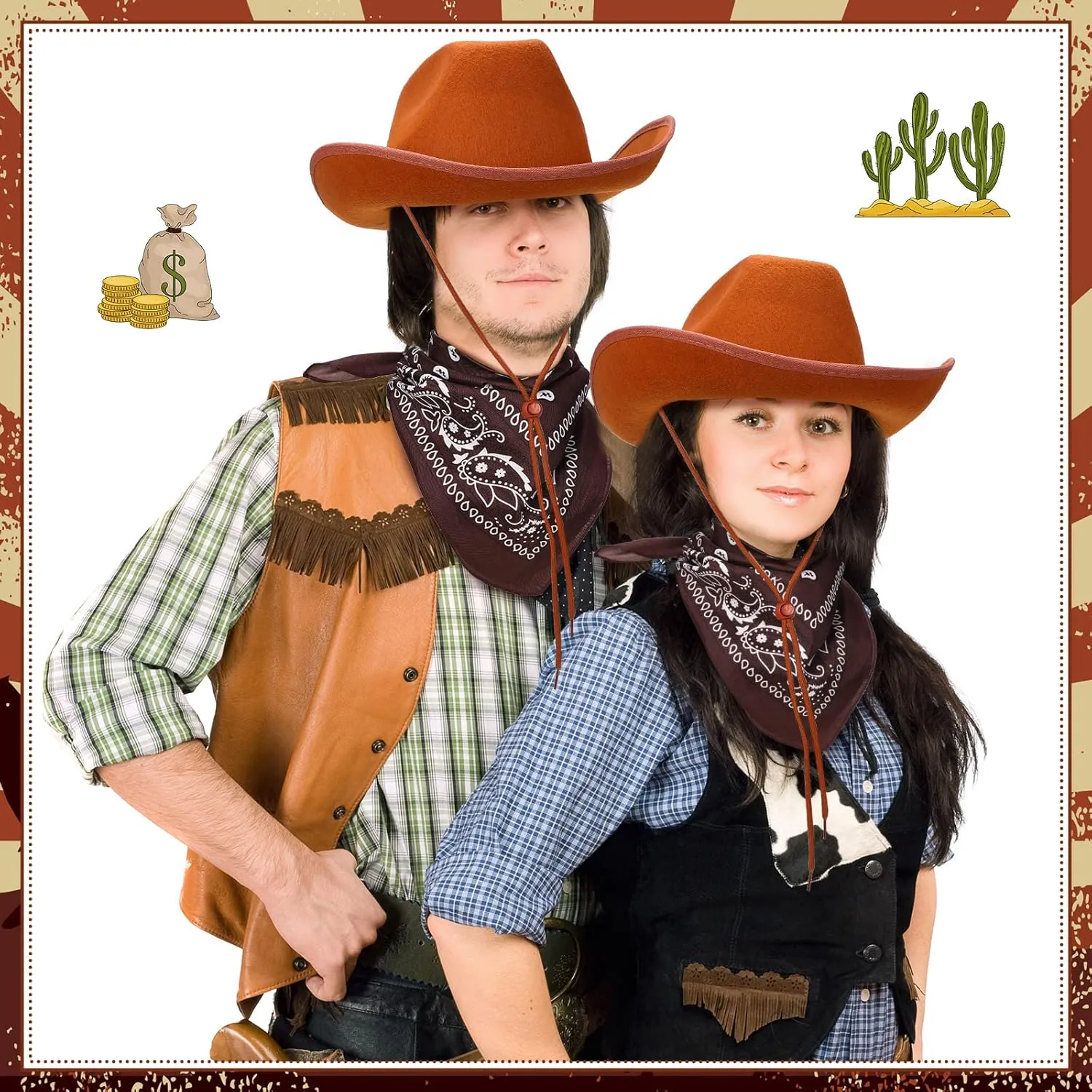 6 Sets Adult Cowboy Hat for Women and Men Western Cowgirl Hats with Adjustable Drawstring and Cowboy Party Paisley Bandana