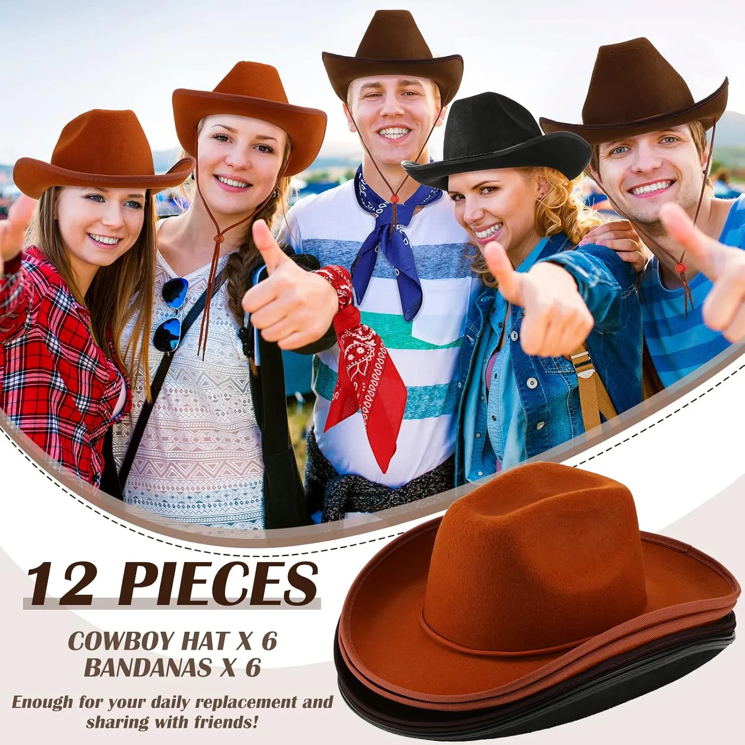 6 Sets Adult Cowboy Hat for Women and Men Western Cowgirl Hats with Adjustable Drawstring and Cowboy Party Paisley Bandana