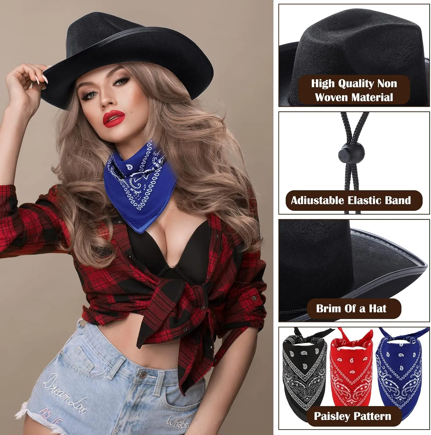 6 Sets Adult Cowboy Hat for Women and Men Western Cowgirl Hats with Adjustable Drawstring and Cowboy Party Paisley Bandana