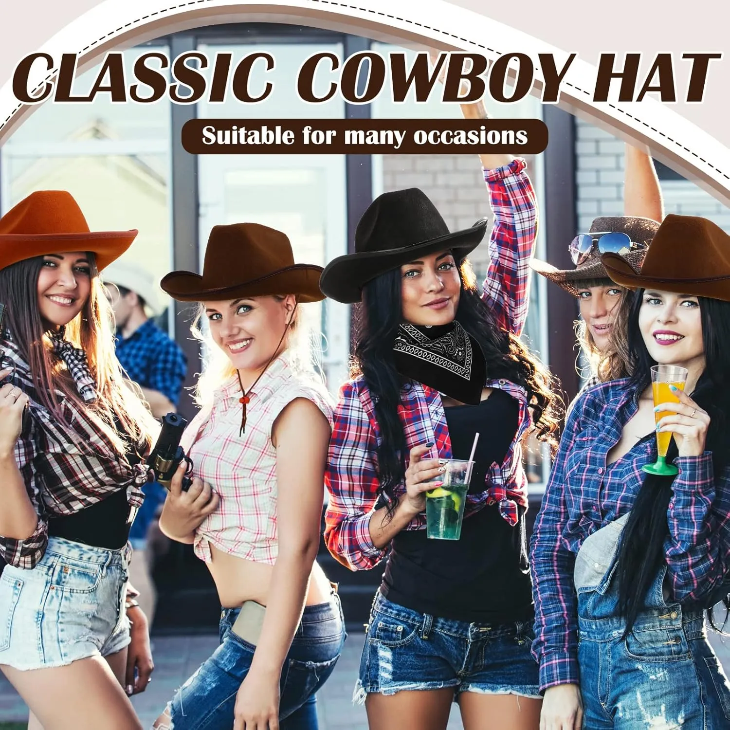 6 Sets Adult Cowboy Hat for Women and Men Western Cowgirl Hats with Adjustable Drawstring and Cowboy Party Paisley Bandana