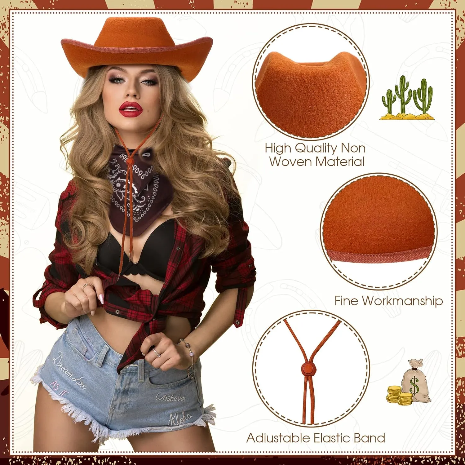 6 Sets Adult Cowboy Hat for Women and Men Western Cowgirl Hats with Adjustable Drawstring and Cowboy Party Paisley Bandana