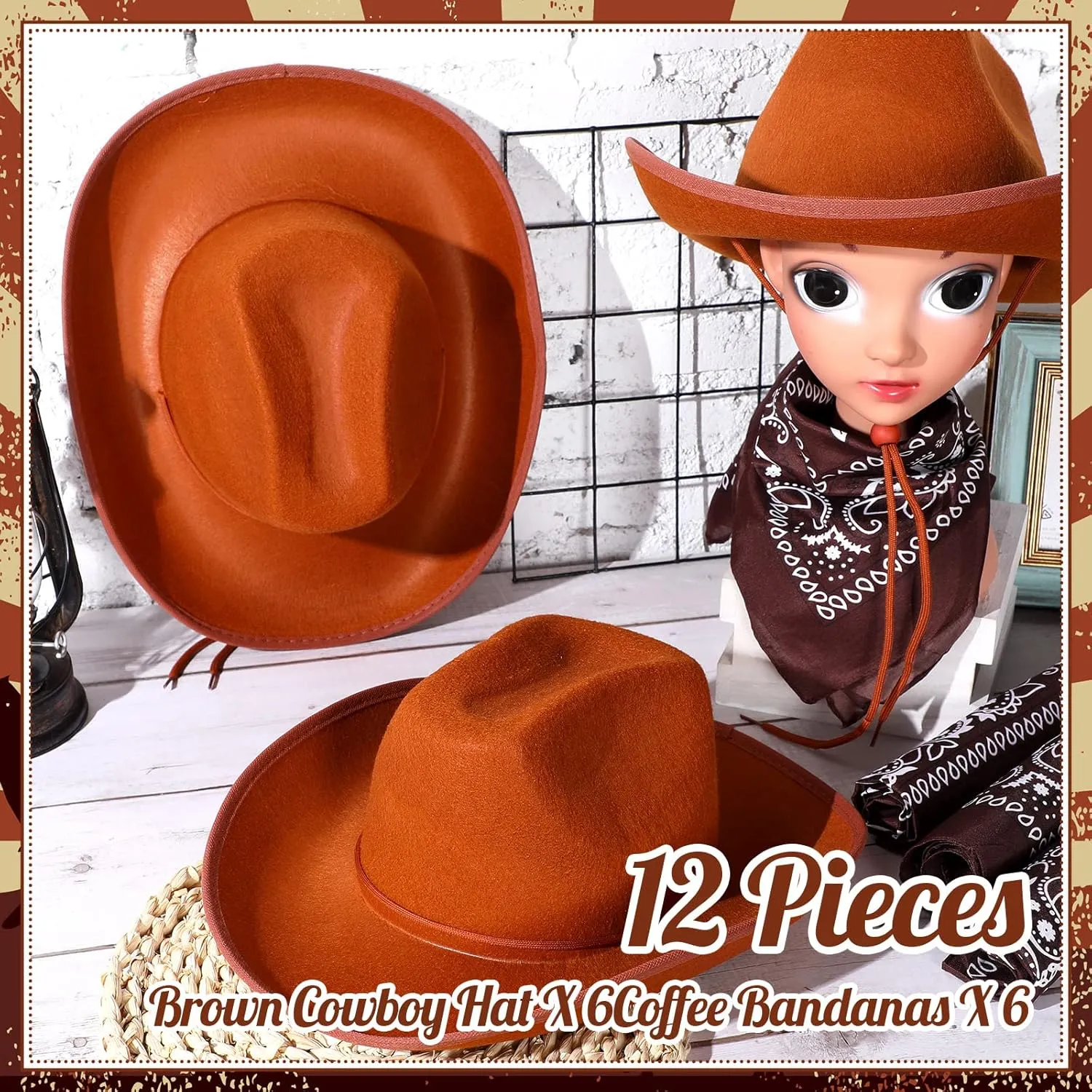 6 Sets Adult Cowboy Hat for Women and Men Western Cowgirl Hats with Adjustable Drawstring and Cowboy Party Paisley Bandana