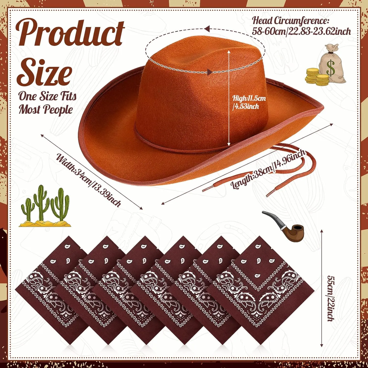 6 Sets Adult Cowboy Hat for Women and Men Western Cowgirl Hats with Adjustable Drawstring and Cowboy Party Paisley Bandana