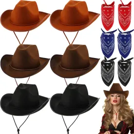 6 Sets Adult Cowboy Hat for Women and Men Western Cowgirl Hats with Adjustable Drawstring and Cowboy Party Paisley Bandana