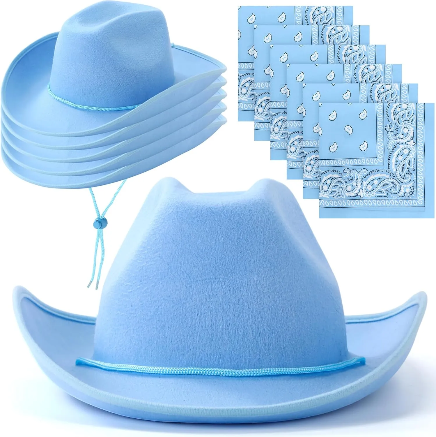 6 Sets Adult Cowboy Hat for Women and Men Western Cowgirl Hats with Adjustable Drawstring and Cowboy Party Paisley Bandana