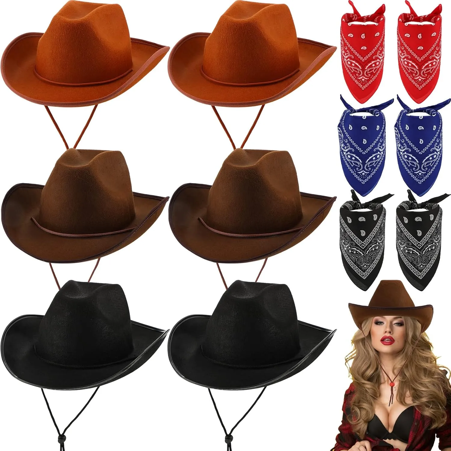 6 Sets Adult Cowboy Hat for Women and Men Western Cowgirl Hats with Adjustable Drawstring and Cowboy Party Paisley Bandana
