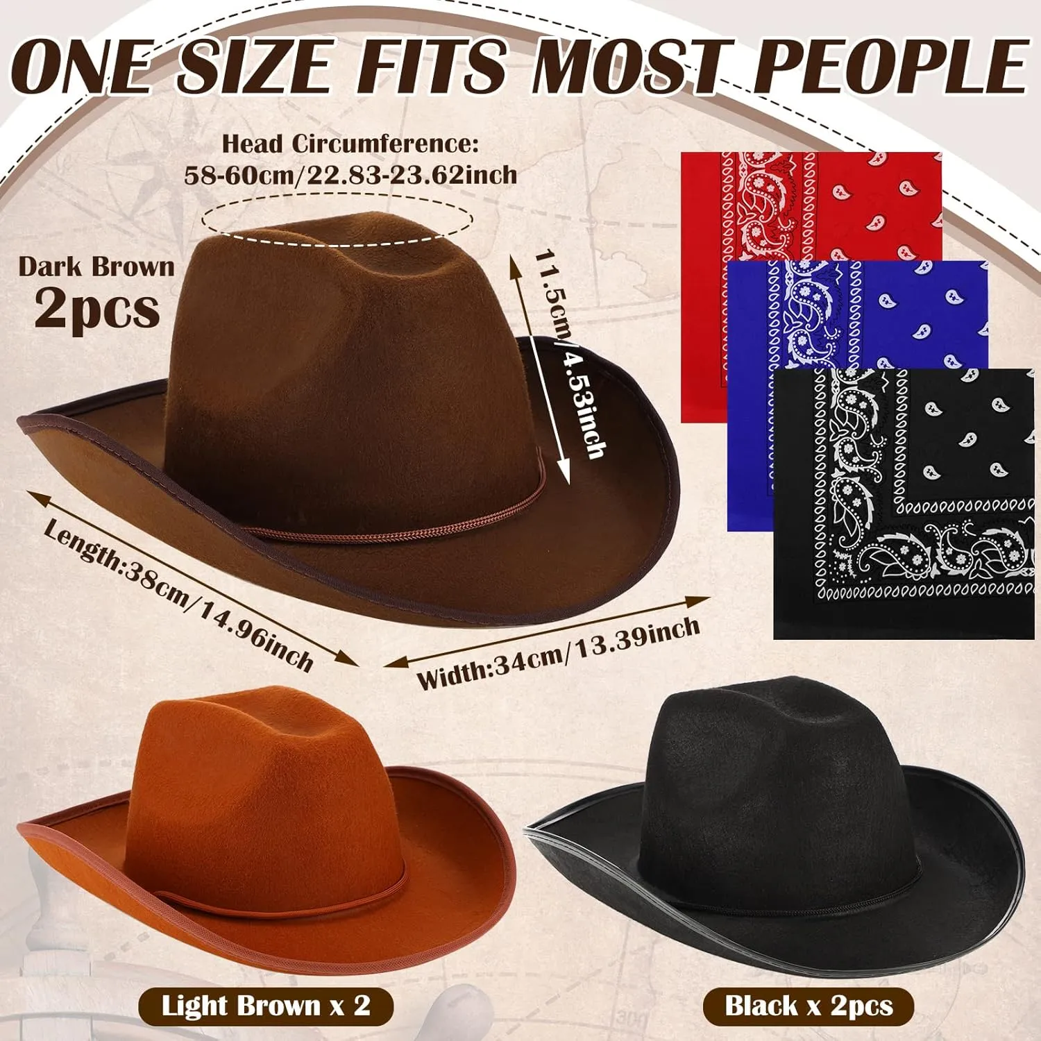 6 Sets Adult Cowboy Hat for Women and Men Western Cowgirl Hats with Adjustable Drawstring and Cowboy Party Paisley Bandana