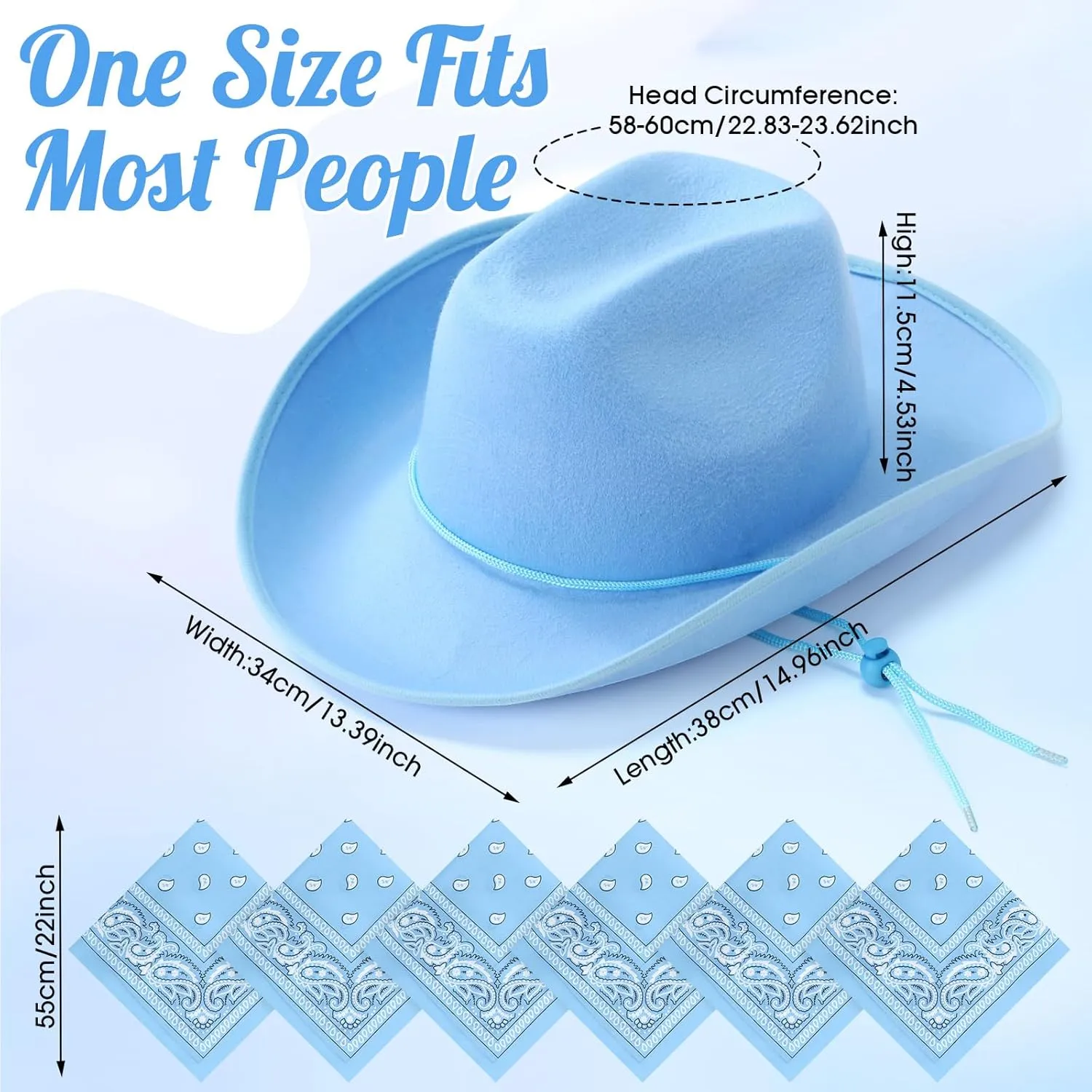 6 Sets Adult Cowboy Hat for Women and Men Western Cowgirl Hats with Adjustable Drawstring and Cowboy Party Paisley Bandana