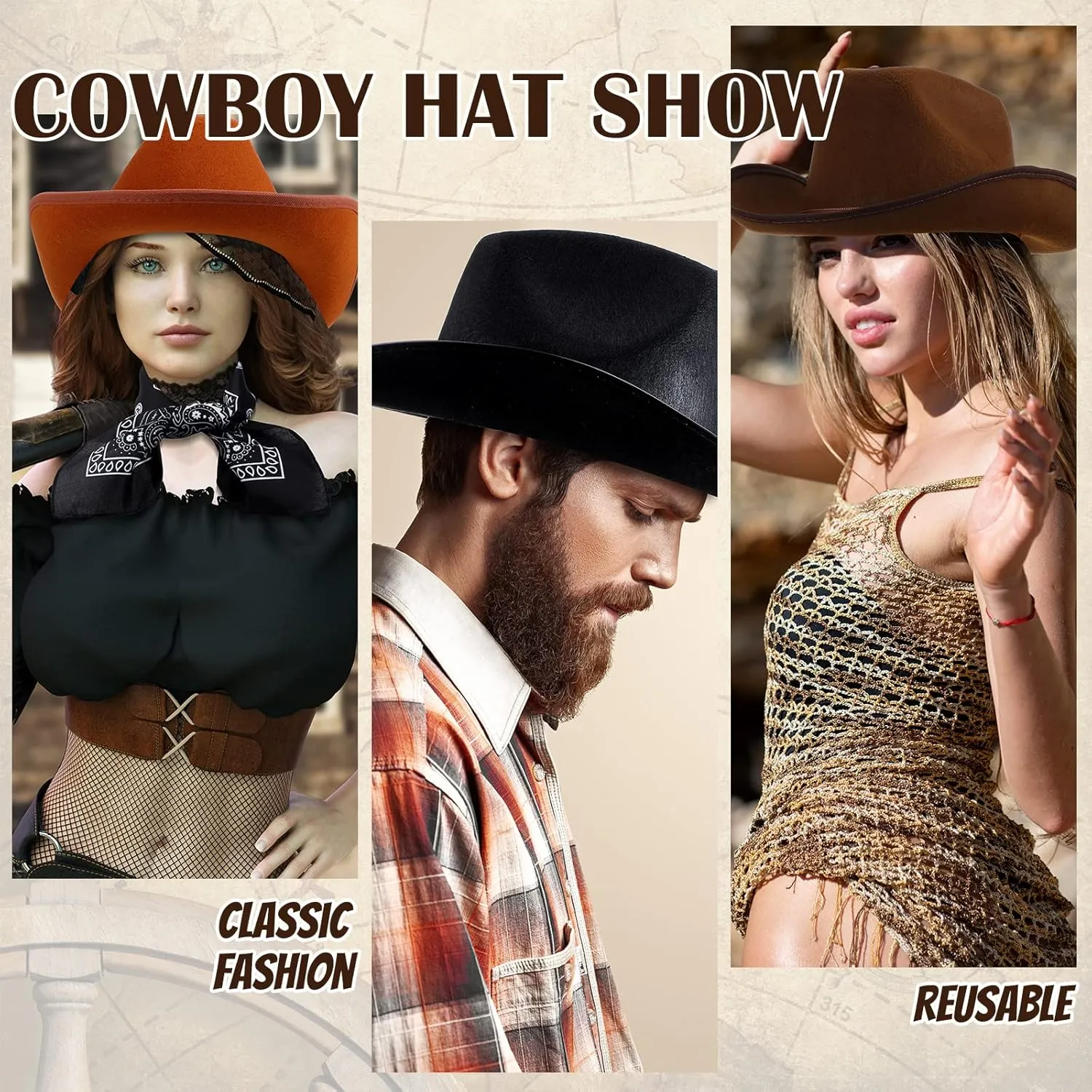 6 Sets Adult Cowboy Hat for Women and Men Western Cowgirl Hats with Adjustable Drawstring and Cowboy Party Paisley Bandana