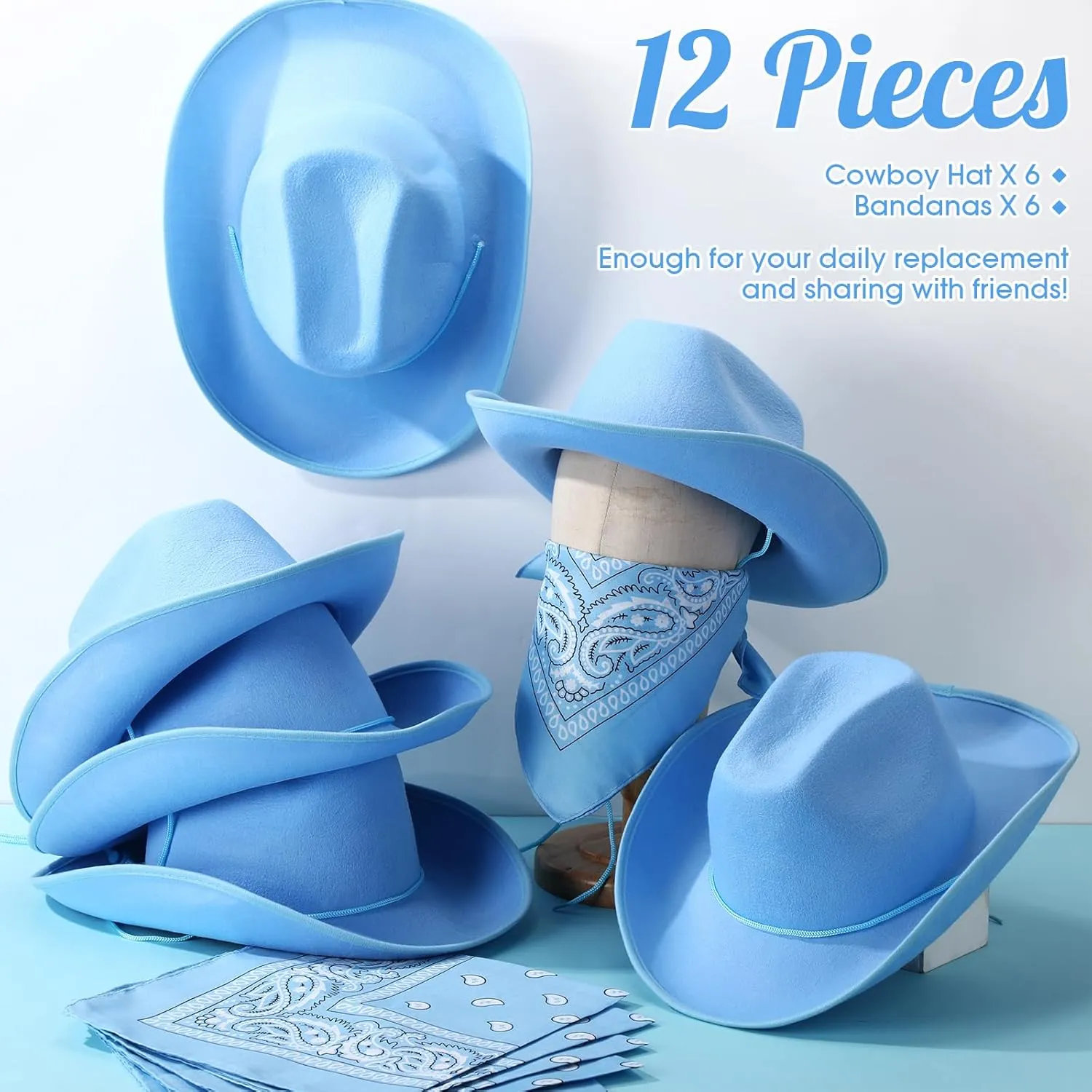 6 Sets Adult Cowboy Hat for Women and Men Western Cowgirl Hats with Adjustable Drawstring and Cowboy Party Paisley Bandana