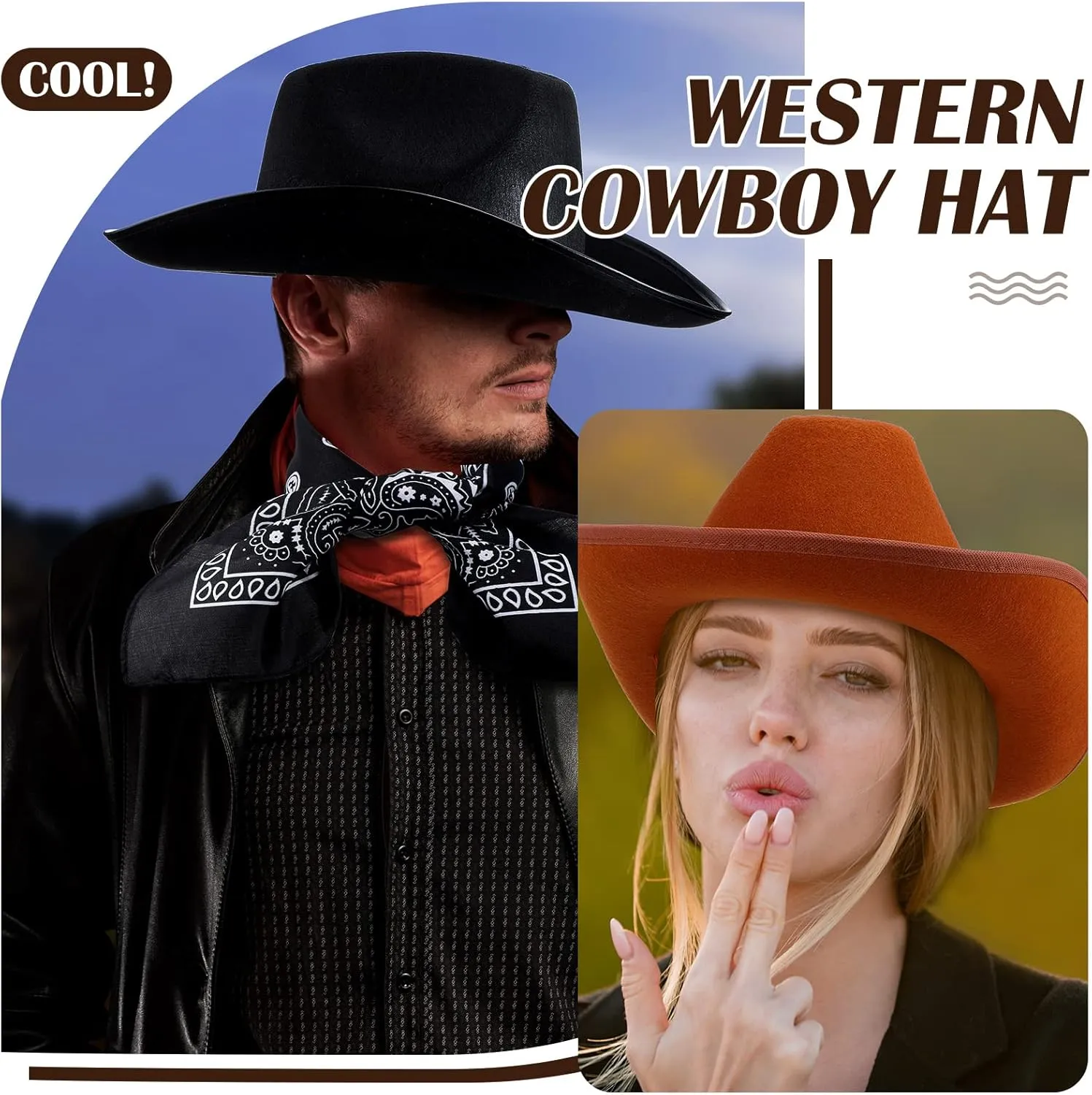 6 Sets Adult Cowboy Hat for Women and Men Western Cowgirl Hats with Adjustable Drawstring and Cowboy Party Paisley Bandana