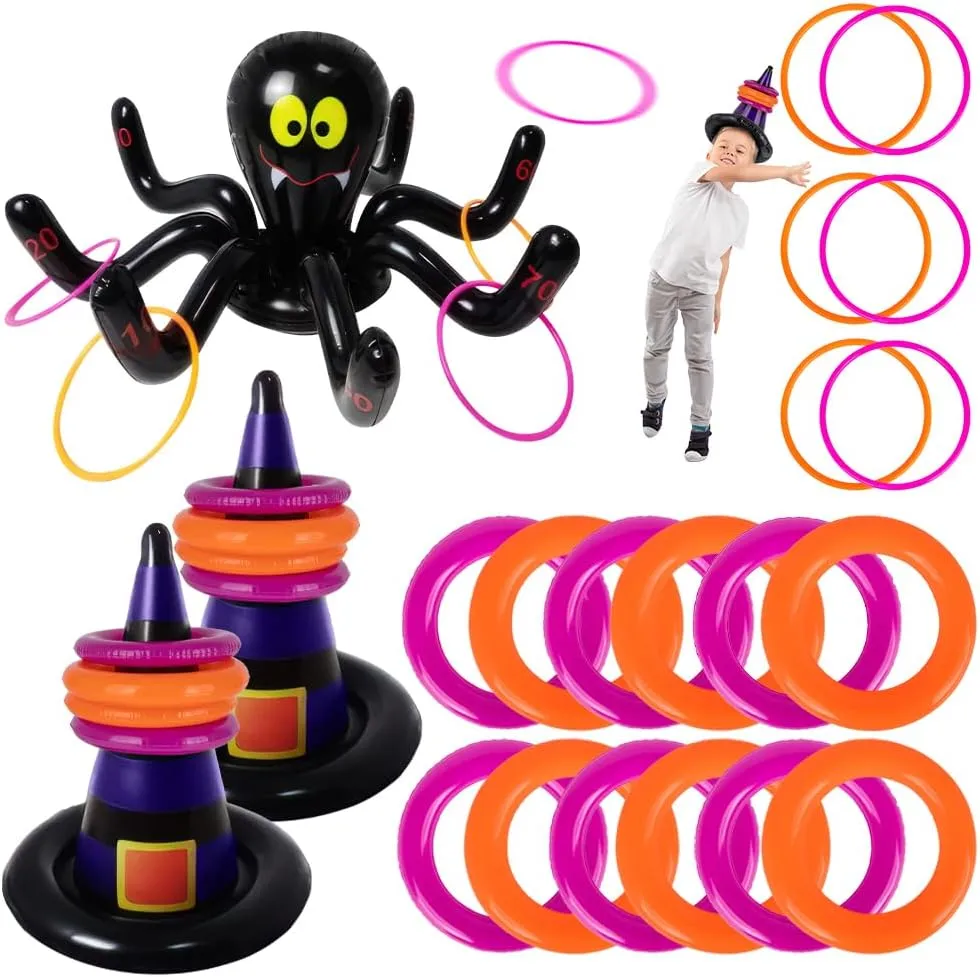 ArtCreativity Halloween Ring Toss Game for Kids - 21 Piece Set - Inflatable Spider, 2 Witch Hat Inflates, 6 Plastic Rings, 12 Inflatable Rings, and Pump - Halloween Games for Party