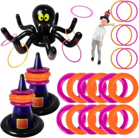 ArtCreativity Halloween Ring Toss Game for Kids - 21 Piece Set - Inflatable Spider, 2 Witch Hat Inflates, 6 Plastic Rings, 12 Inflatable Rings, and Pump - Halloween Games for Party