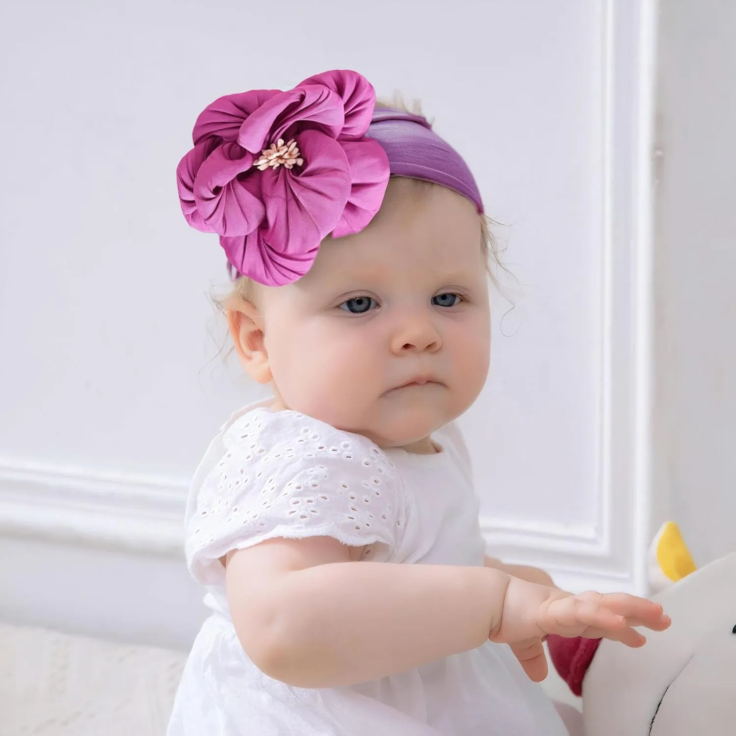 Baby Girl Nylon Flower Headbands, 5 Pack Soft Elastic Hair Bows, Assorted Colors (Purple, Standard Small)