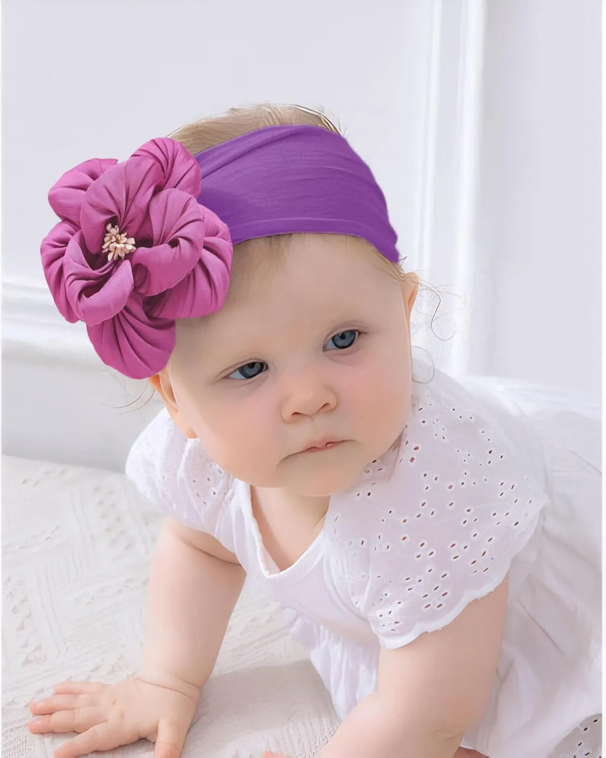 Baby Girl Nylon Flower Headbands, 5 Pack Soft Elastic Hair Bows, Assorted Colors (Purple, Standard Small)