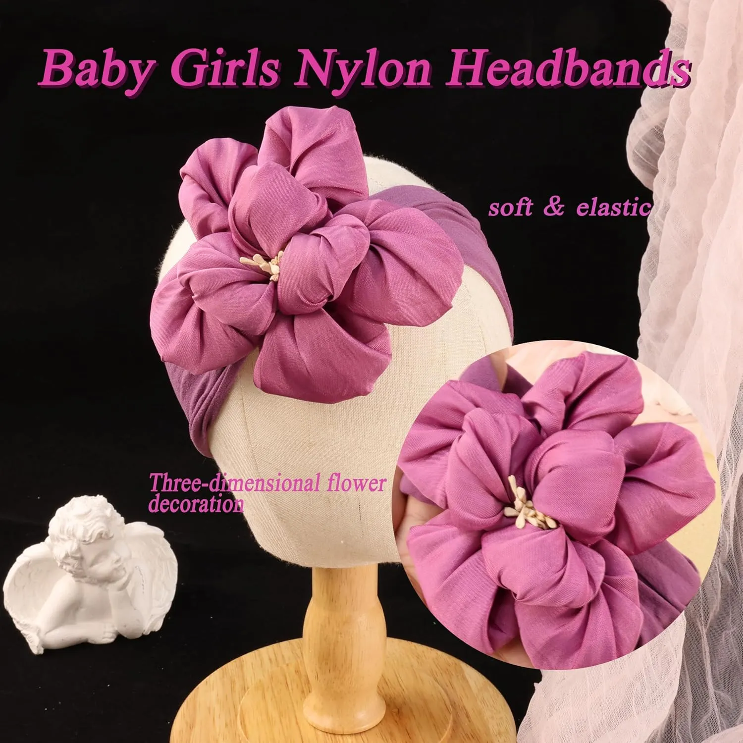 Baby Girl Nylon Flower Headbands, 5 Pack Soft Elastic Hair Bows, Assorted Colors (Purple, Standard Small)