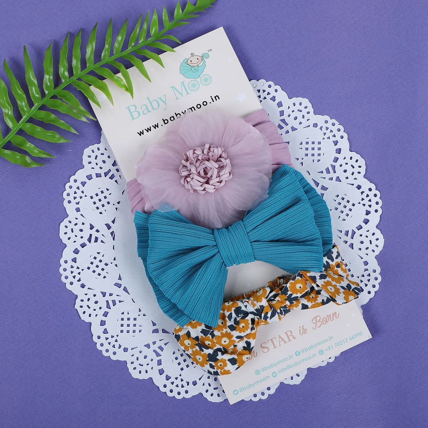 Baby Moo Floral Bow Headband Set of 3 - Multicolour