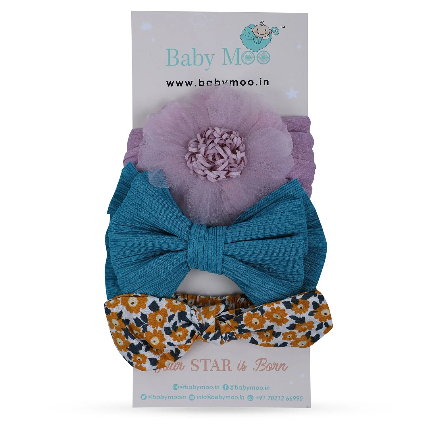 Baby Moo Floral Bow Headband Set of 3 - Multicolour