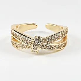 Beautiful Crossover Micro CZ Open Adjustable Gold Tone Brass Ring