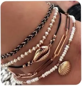 Bohemia Shell Charm Pendant Anklet Set 5Pcs Black Leather Chain Braided String Pearl Beaded Ankle Bracelet Boho Beach Jewelry for Women