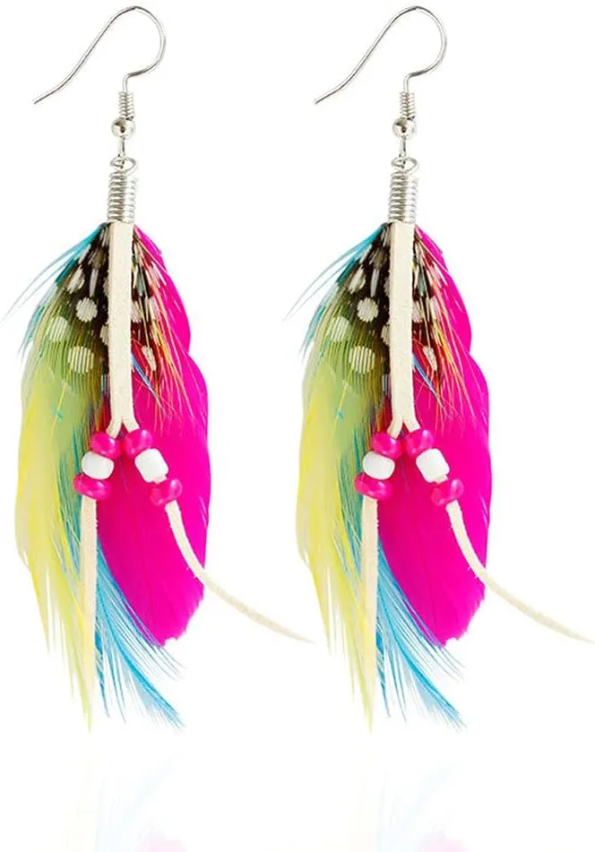 Boho Colorful Feather Dangle Earrings Handmade Beads Taseel Fashion Earrings for Women