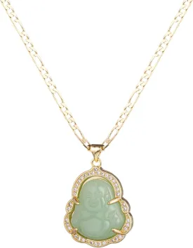 Buddha Pendant Necklace for Women Men 18K Gold Plated Zircon Inlay Multi-color Buddha Head for Protection 3MM Flat Figaro Necklace Chain