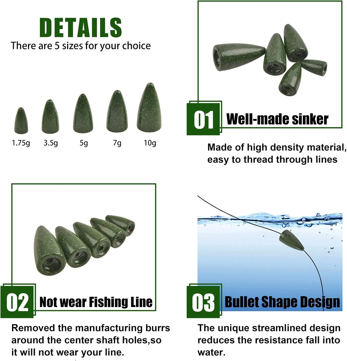 Bullet Fishing Weights Sinkers, 30pcs Worm Weights Fishing Sinkers for Bass Fishing Carolina Rig Texas Rig Slip Sinkers Sliding Fishing Weights Saltwater Freshwater