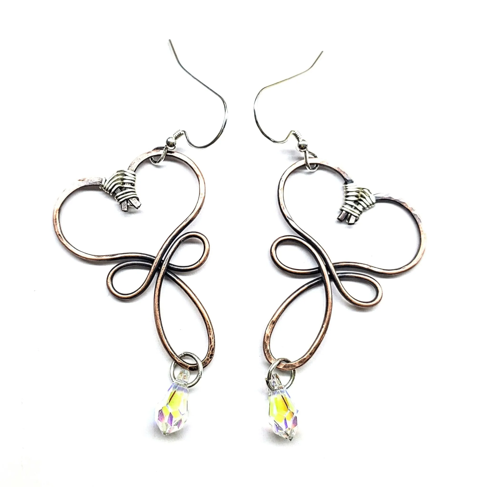 Crystal Drop Copper Heart Earrings