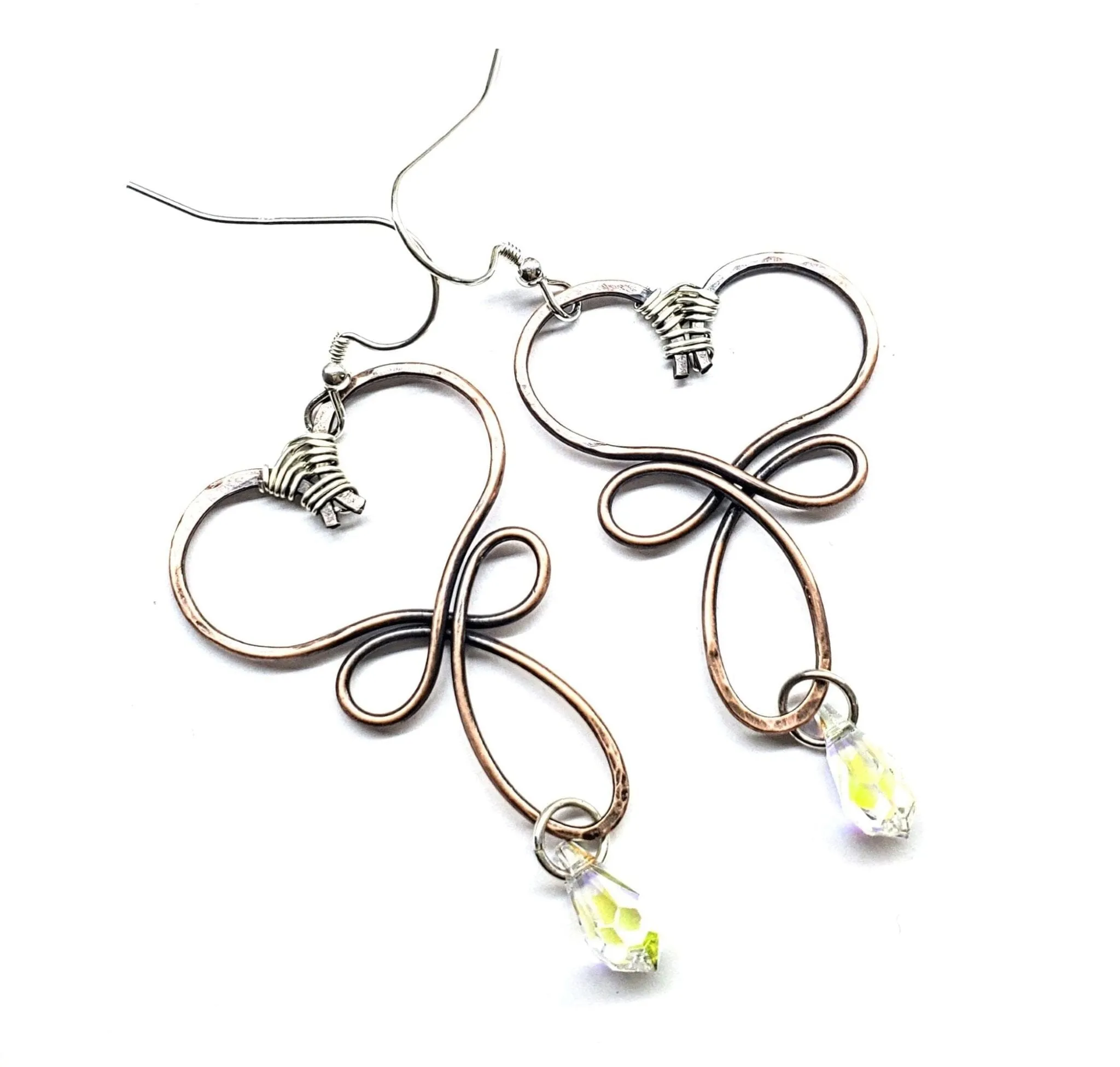 Crystal Drop Copper Heart Earrings