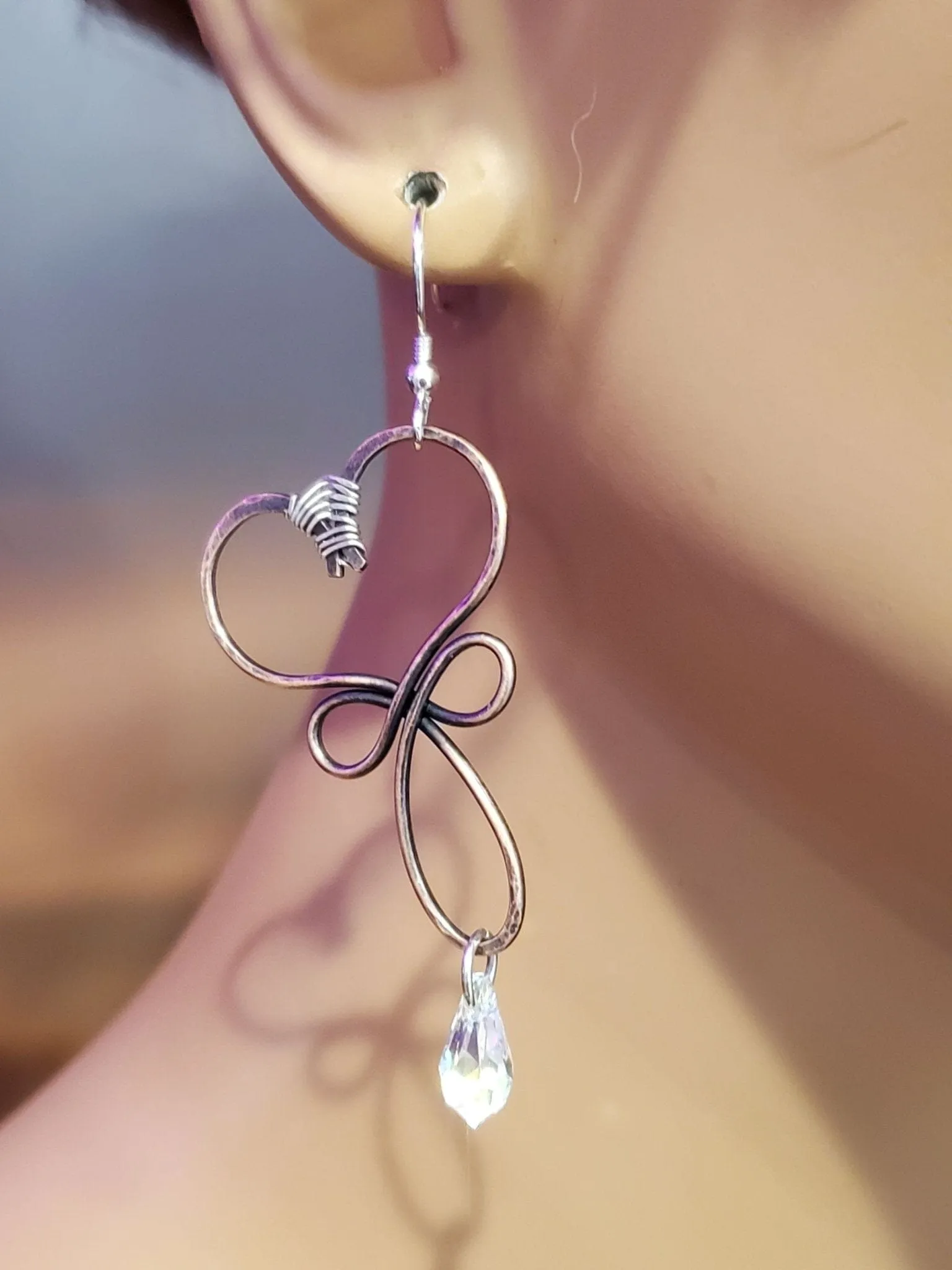Crystal Drop Copper Heart Earrings