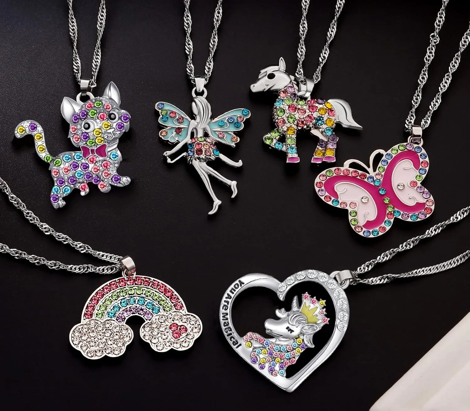 Cute Necklaces for Teen Girls - Adorable Pastel Crystal Necklace for Little Girls - Unicorn and Fairy Gifts - Dainty Necklace Birthday Gift Pack (3/6 Pcs)
