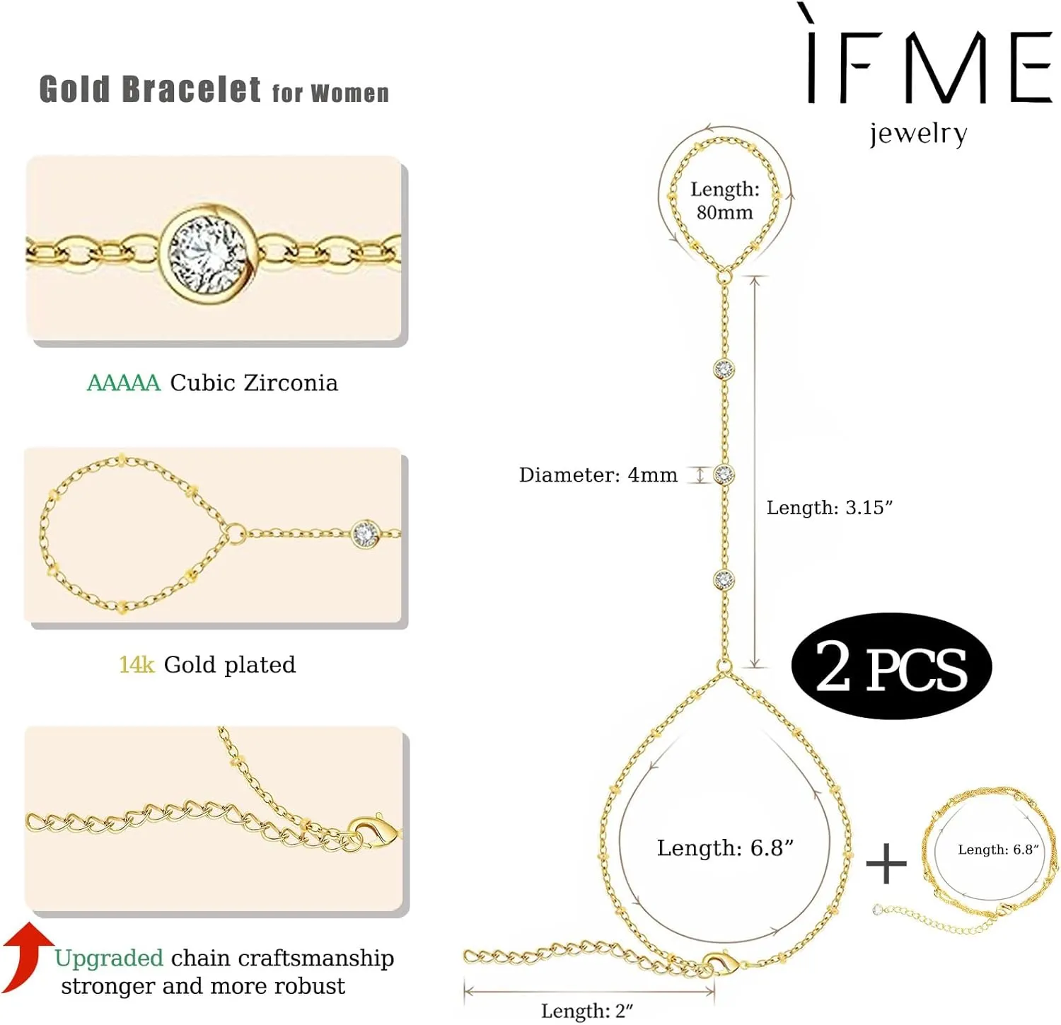 F ME Hand Chain Bracelet Set 14K Gold Plated Durable Gold Bracelets for Women Adjustable Finger Bracelet Hand Jewelry with Extender Perfect for Everyday Wear Ring Bracelet Hand