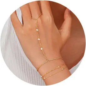 F ME Hand Chain Bracelet Set 14K Gold Plated Durable Gold Bracelets for Women Adjustable Finger Bracelet Hand Jewelry with Extender Perfect for Everyday Wear Ring Bracelet Hand