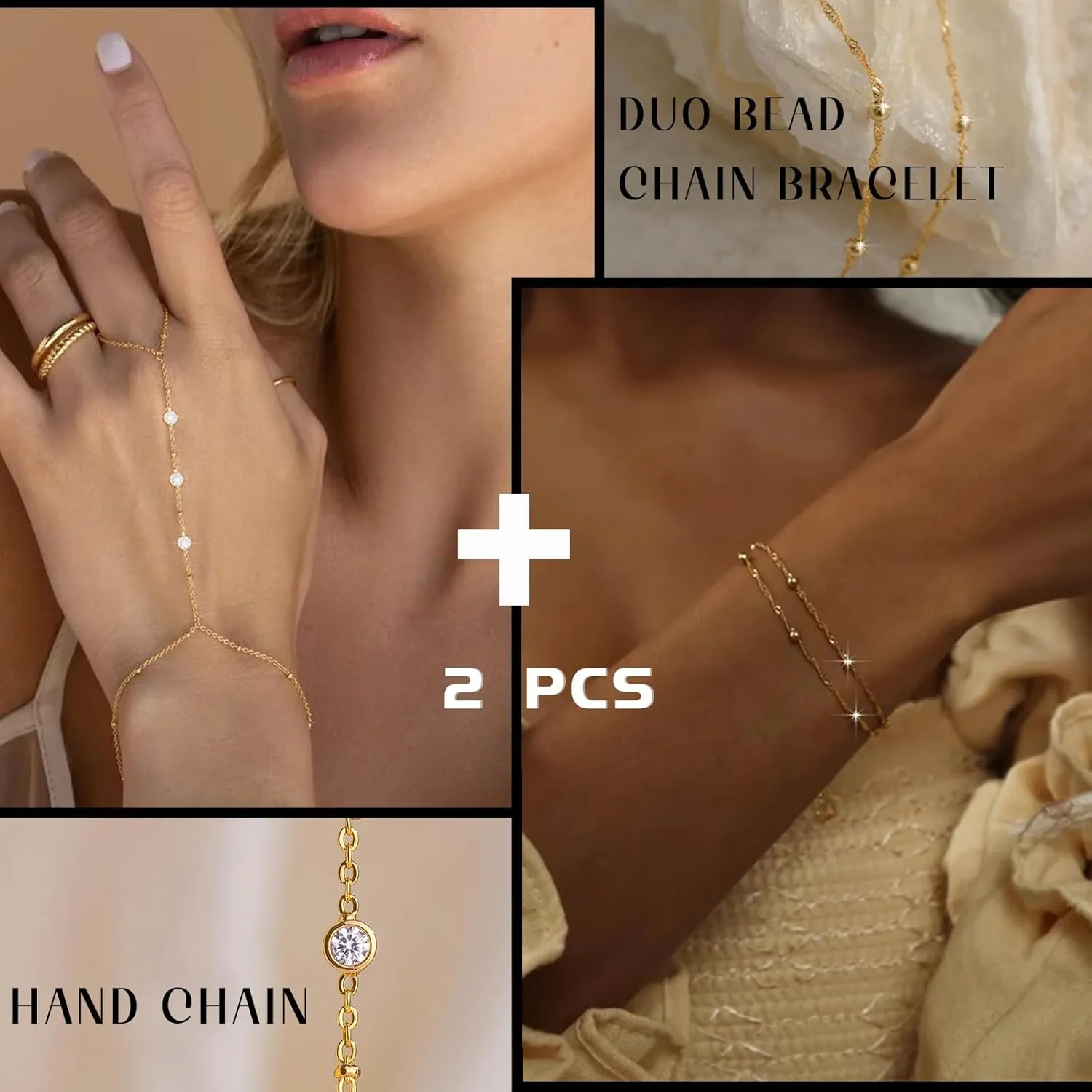 F ME Hand Chain Bracelet Set 14K Gold Plated Durable Gold Bracelets for Women Adjustable Finger Bracelet Hand Jewelry with Extender Perfect for Everyday Wear Ring Bracelet Hand