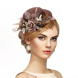 Fascinator High Tea Hat - Women's Brown Mini Clip On 20s 50s Derby Cocktail Pillbox Cups Dress Kentucky Hat with Flower and Feather Decoration