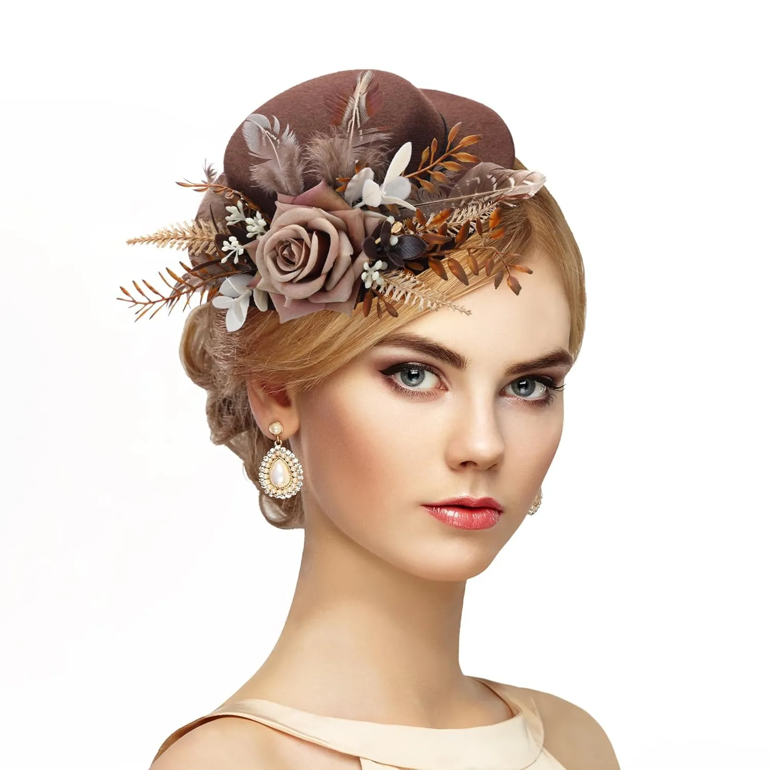 Fascinator High Tea Hat - Women's Brown Mini Clip On 20s 50s Derby Cocktail Pillbox Cups Dress Kentucky Hat with Flower and Feather Decoration