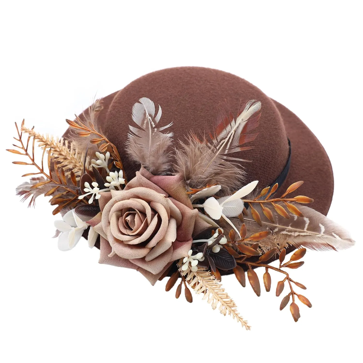 Fascinator High Tea Hat - Women's Brown Mini Clip On 20s 50s Derby Cocktail Pillbox Cups Dress Kentucky Hat with Flower and Feather Decoration