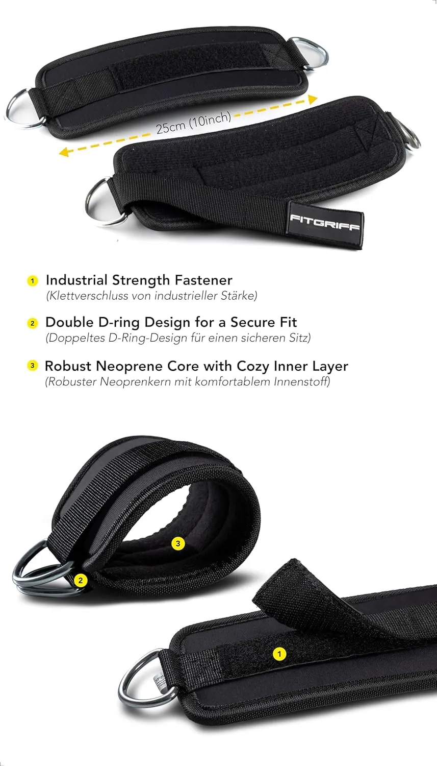 Fitgriff Ankle Straps V1 for Cable Machine (2 Pieces) - Gym Workout Equipment - Leg Pulley Attachment, Kickback Straps