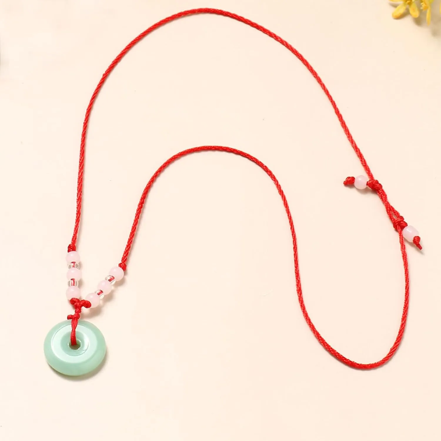 FORUBUS Green Jade Buddha Circle Red String Pendant Necklace - Chinese Traditional Amulet for Luck and Protection