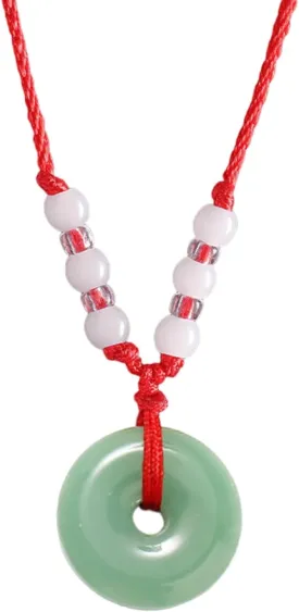 FORUBUS Green Jade Buddha Circle Red String Pendant Necklace - Chinese Traditional Amulet for Luck and Protection