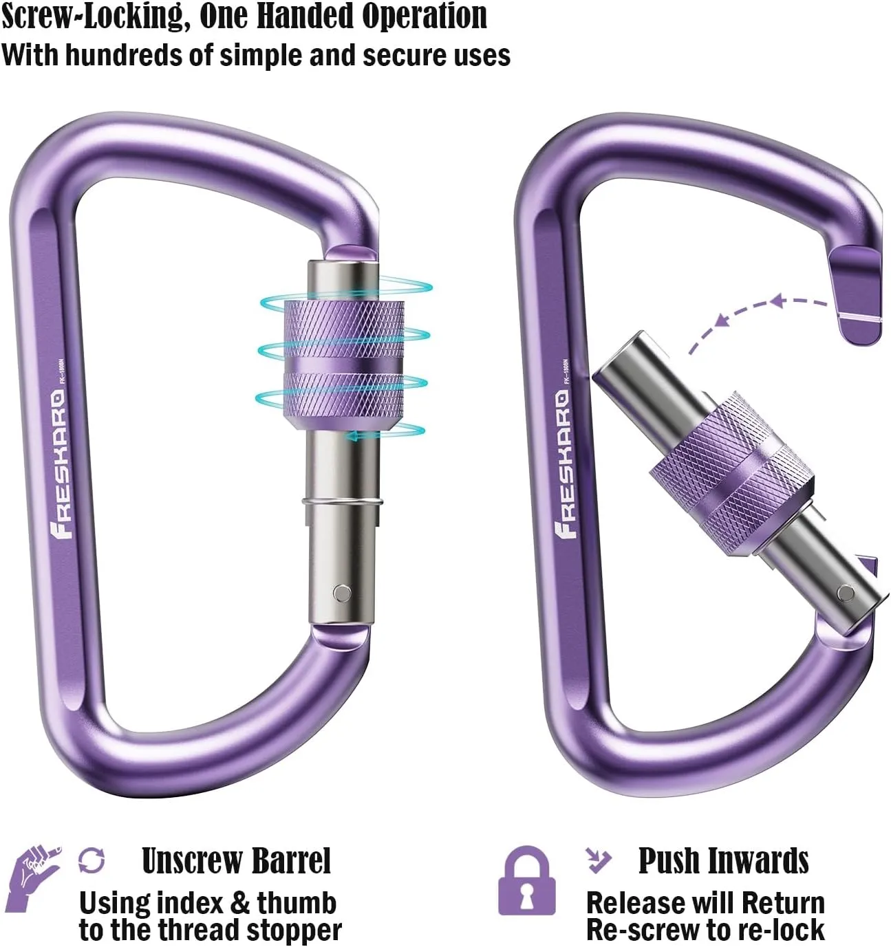 FresKaro 3inches Screw Locking Carabiners, Strong Tensile Strength 12kN/2698lbs, Lightweight, Rust-Free, D Shape Wide Opening Gate, Sturdy and Last Long, Assorted Colors