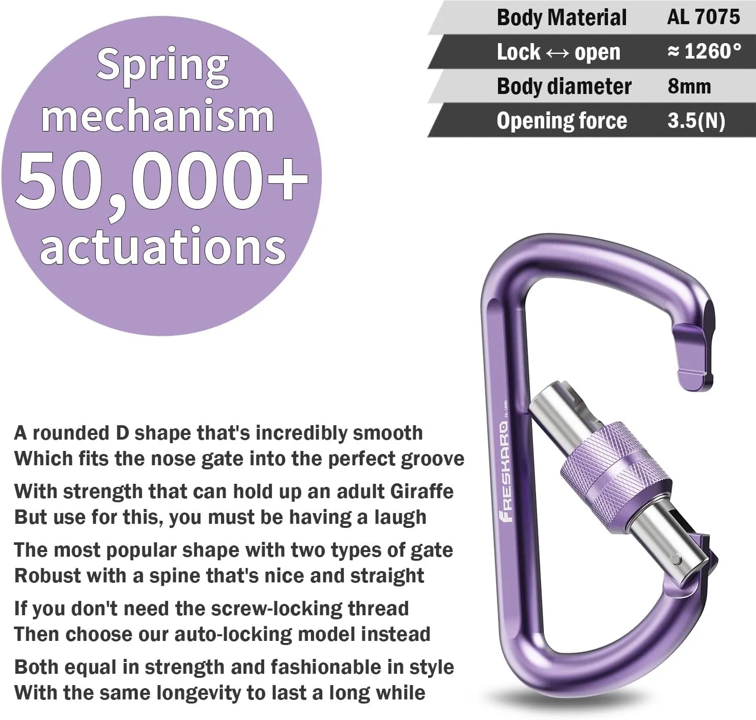 FresKaro 3inches Screw Locking Carabiners, Strong Tensile Strength 12kN/2698lbs, Lightweight, Rust-Free, D Shape Wide Opening Gate, Sturdy and Last Long, Assorted Colors