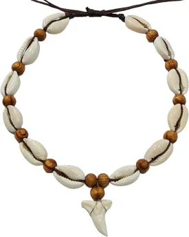 Genuine Mako Shark Tooth Anklet, Handmade Wooden Beads Cowrie Shell Anklet for Women Seashell Jewelry EA390-AK
