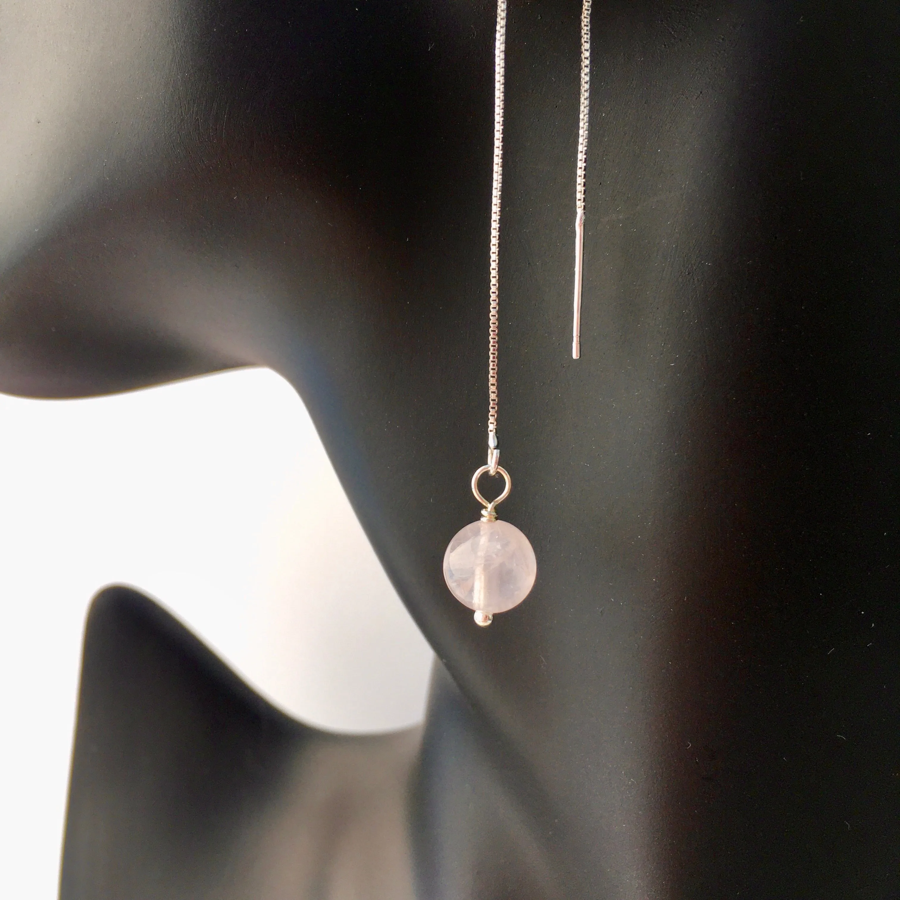 Genuine Rose Quartz Silver Plated Threader Earrings, Pair