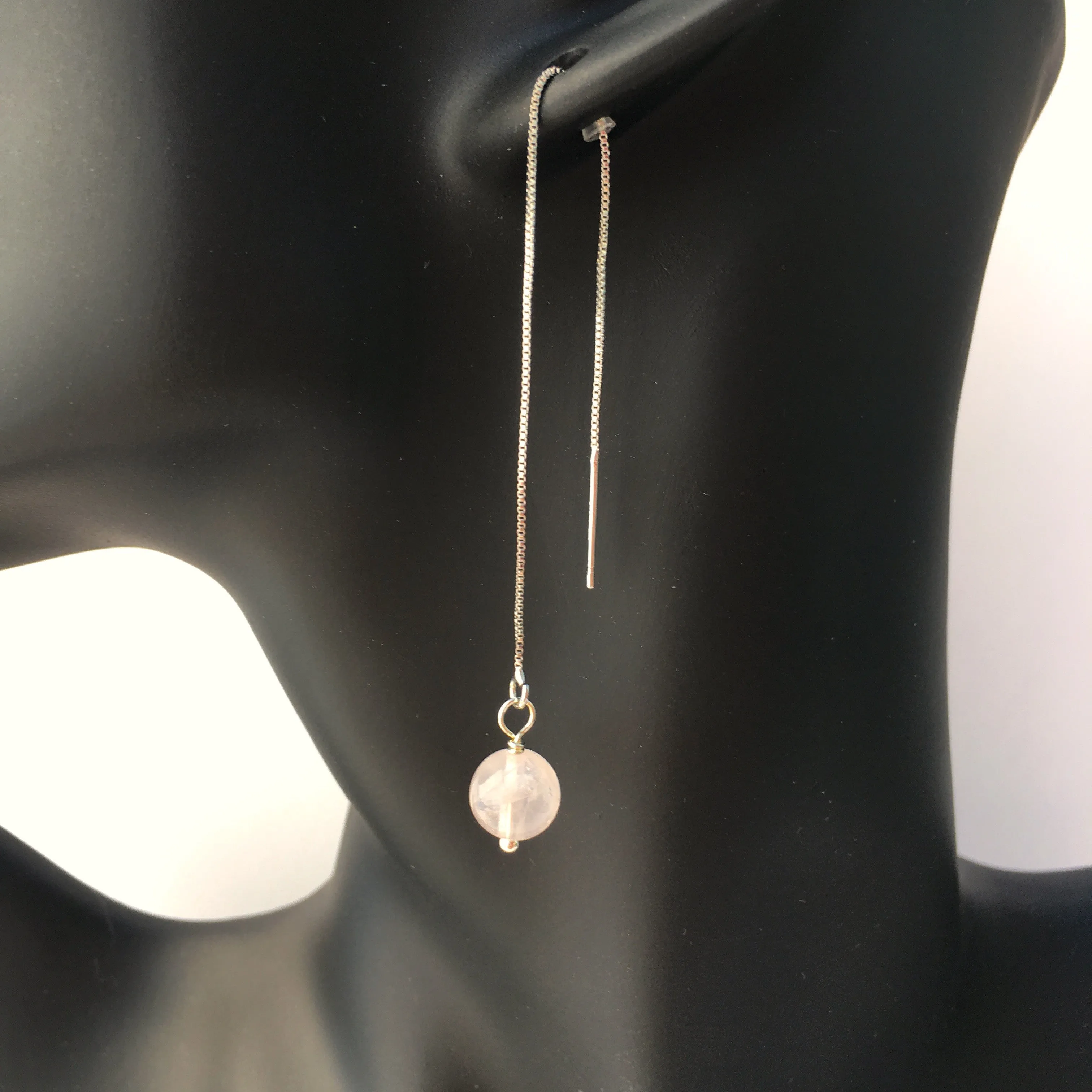 Genuine Rose Quartz Silver Plated Threader Earrings, Pair