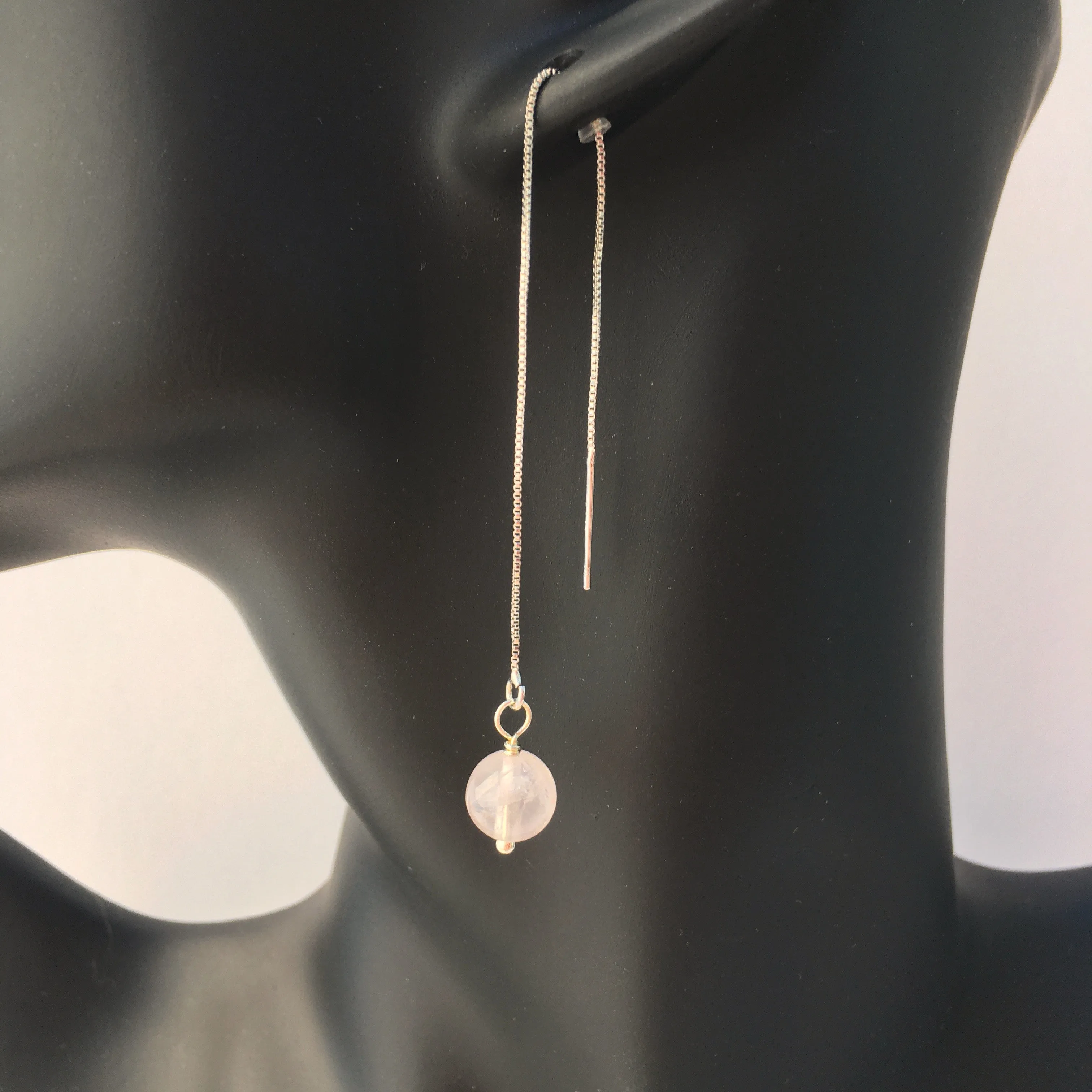 Genuine Rose Quartz Silver Plated Threader Earrings, Pair