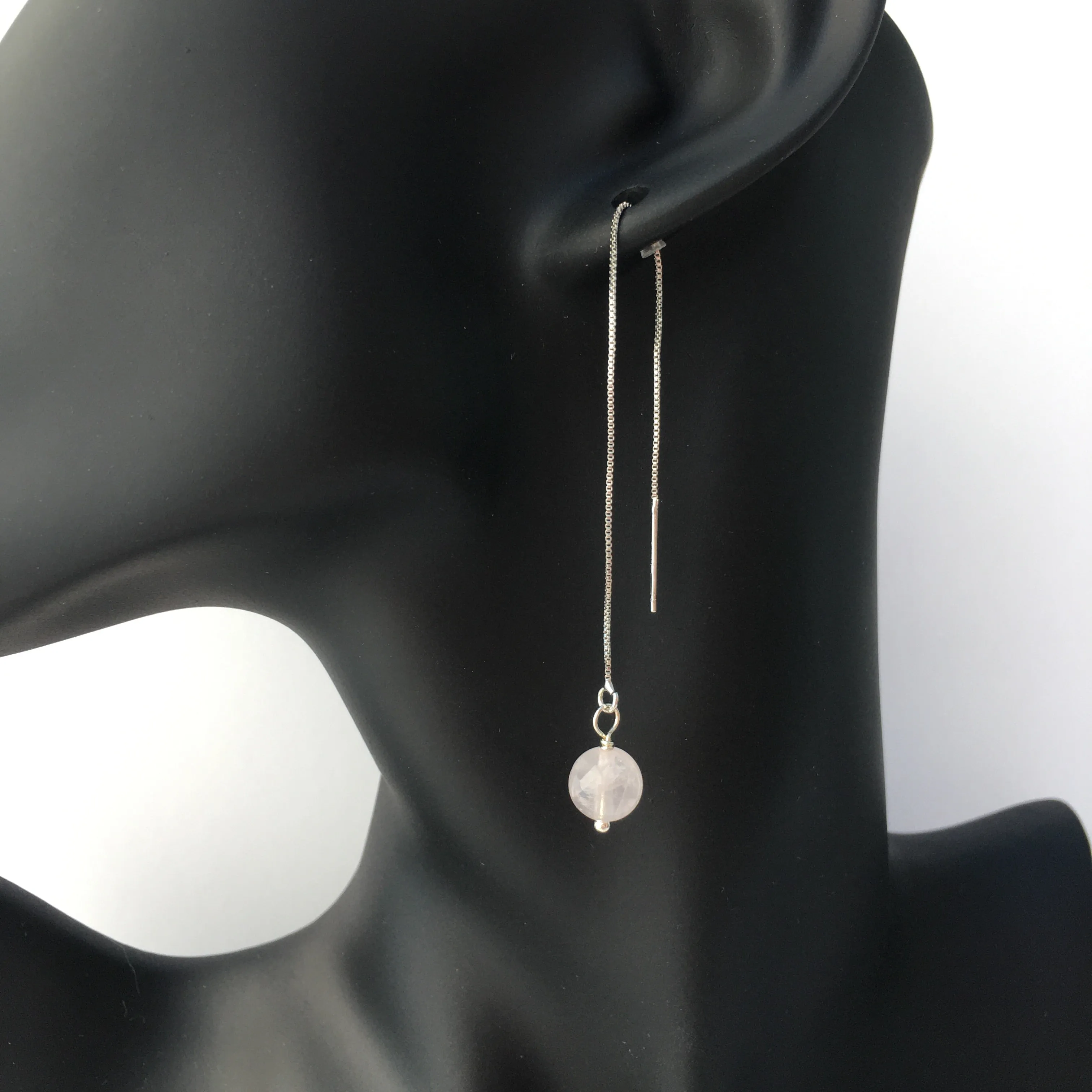 Genuine Rose Quartz Silver Plated Threader Earrings, Pair